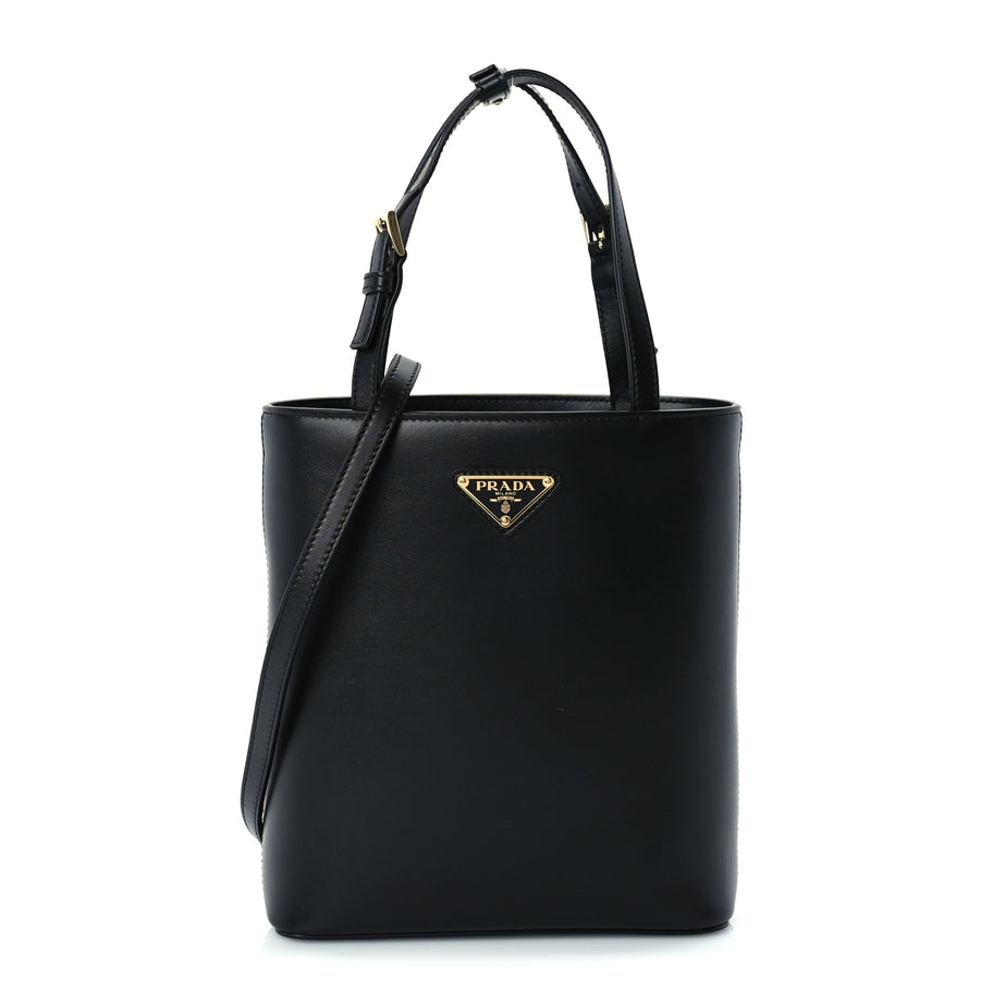 Prada Calfskin Metal Triangle Logo Tote  Black Image 1