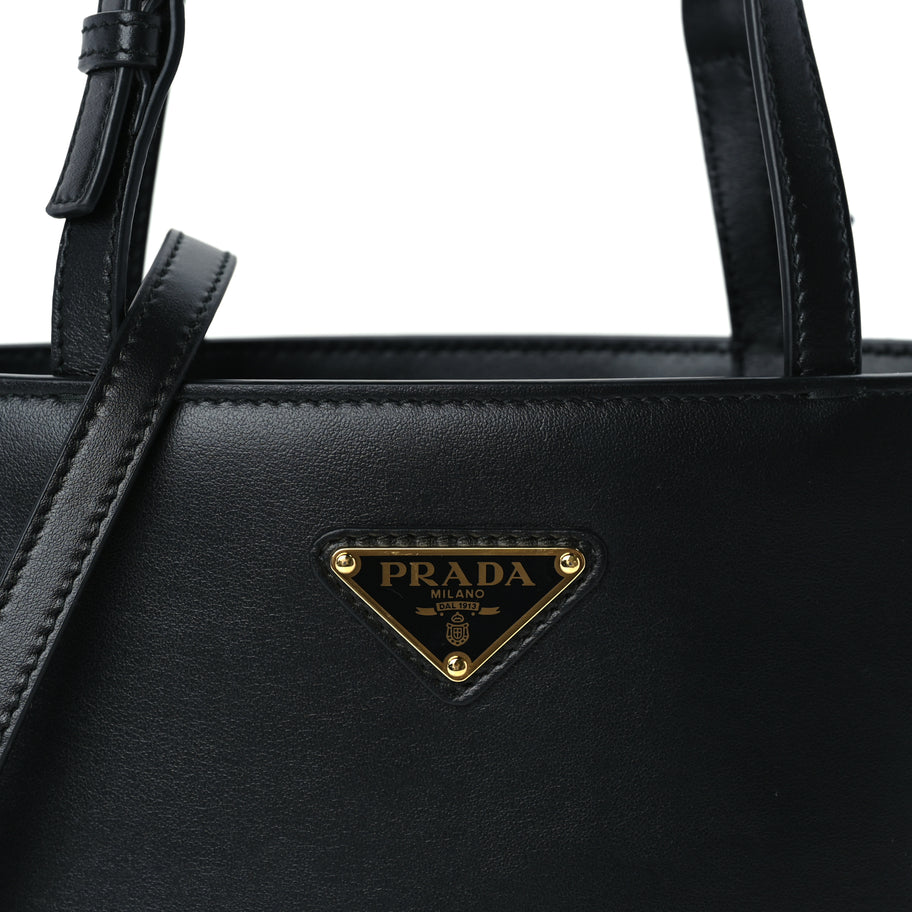Prada Calfskin Metal Triangle Logo Tote  Black Image 6