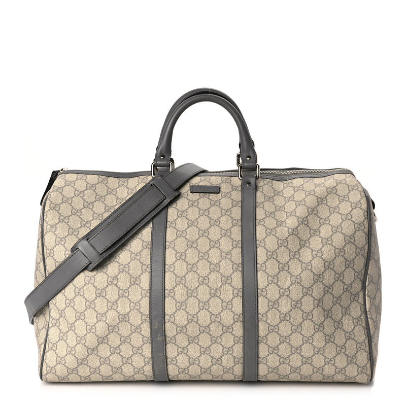  Gucci GG Supreme Monogram Selleria Calfskin Medium Carry On Duffle Bag Beige Grey