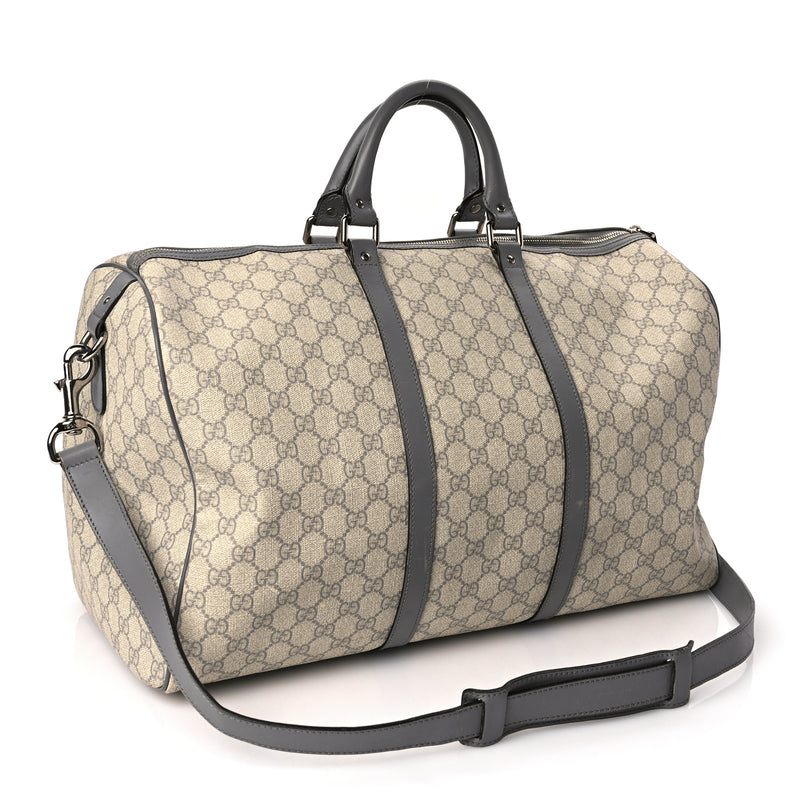  Gucci GG Supreme Monogram Selleria Calfskin Medium Carry On Duffle Bag Beige Grey