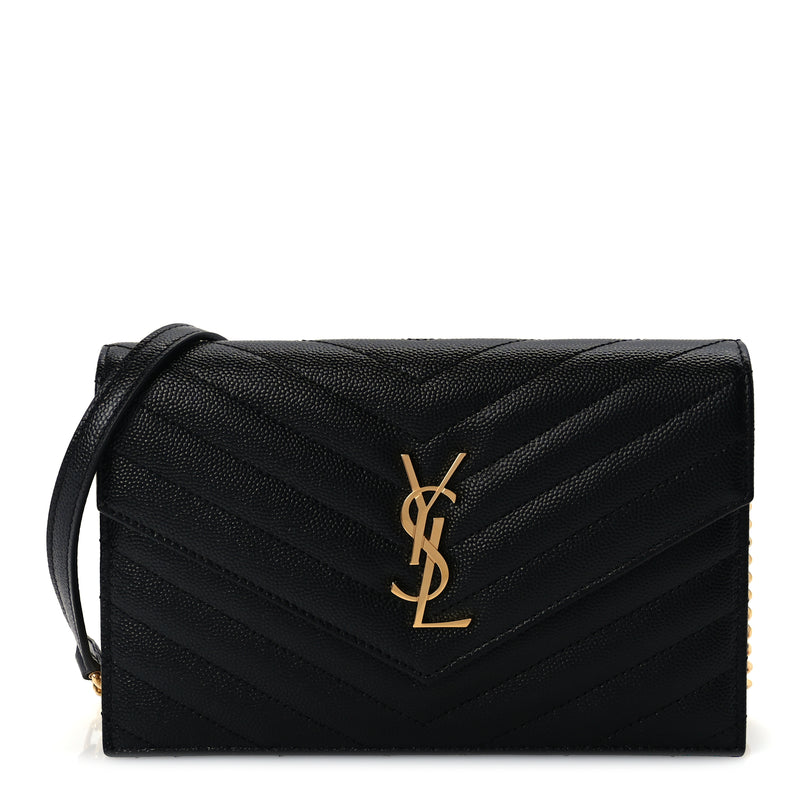  Saint Laurent Grain De Poudre Matelasse Chevron Monogram Envelope Chain Wallet Black