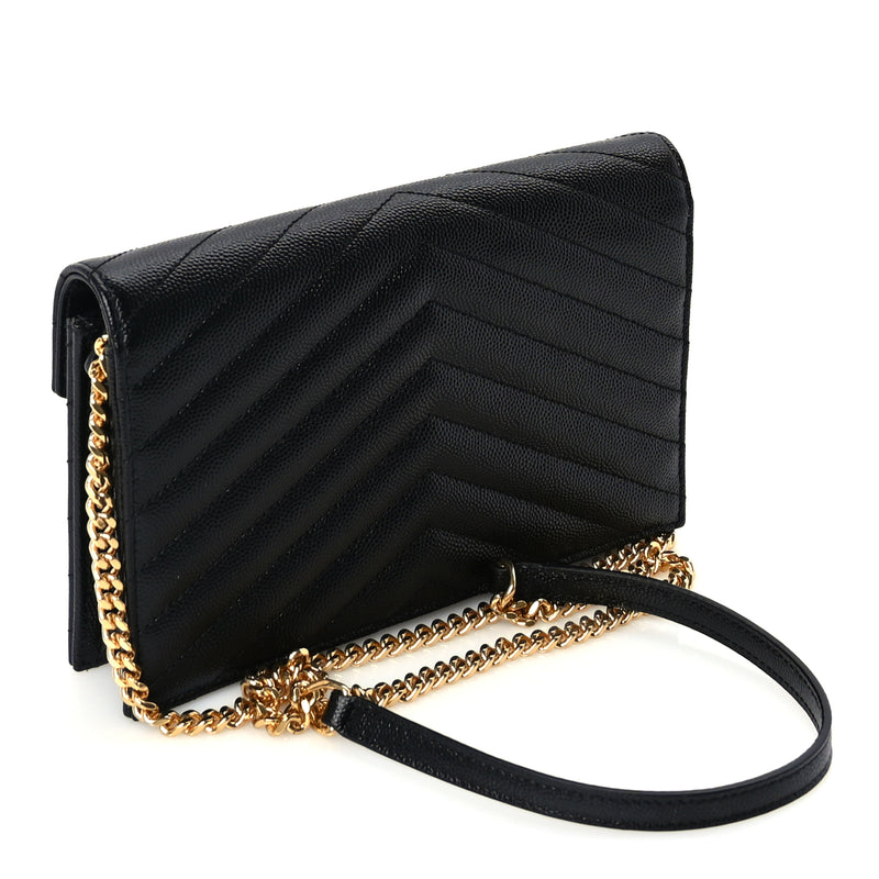 Saint Laurent Grain De Poudre Matelasse Chevron Monogram Envelope Chain Wallet Black