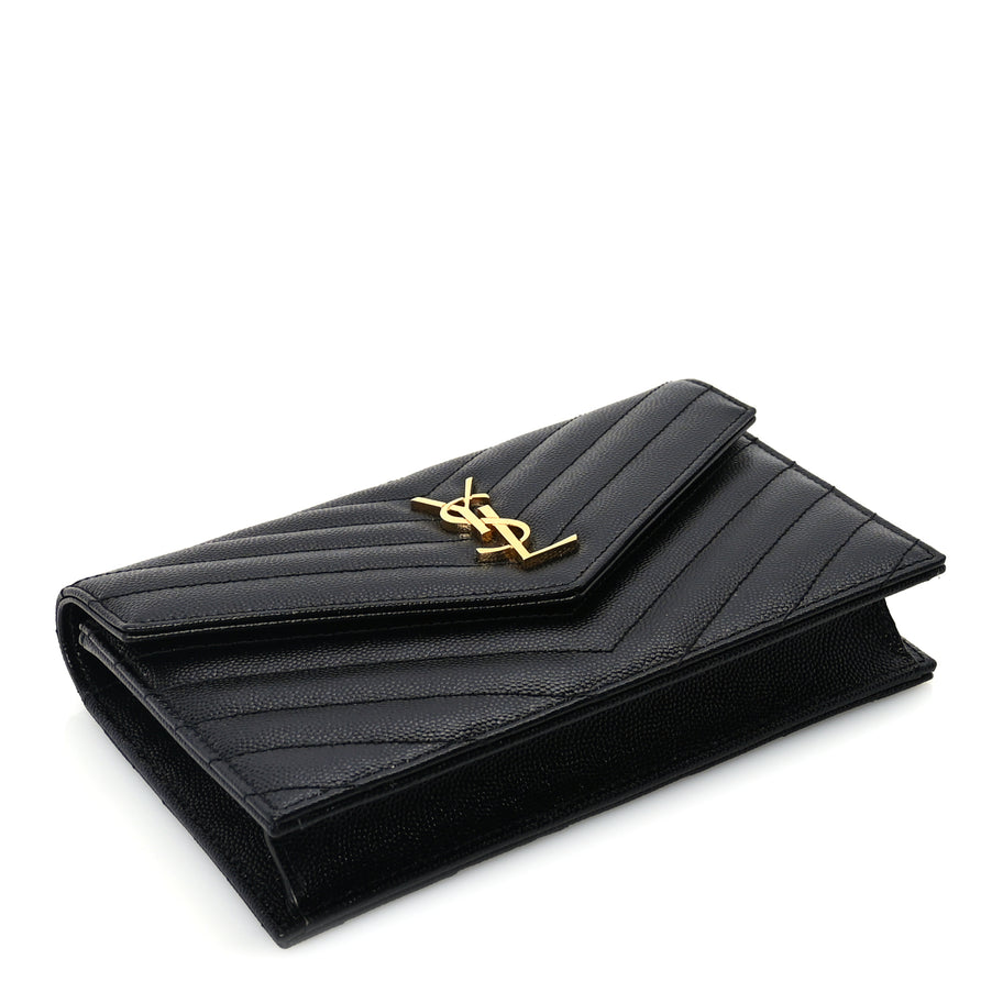 Saint Laurent Grain De Poudre Matelasse Chevron Monogram Envelope Chain Wallet Black Image 3