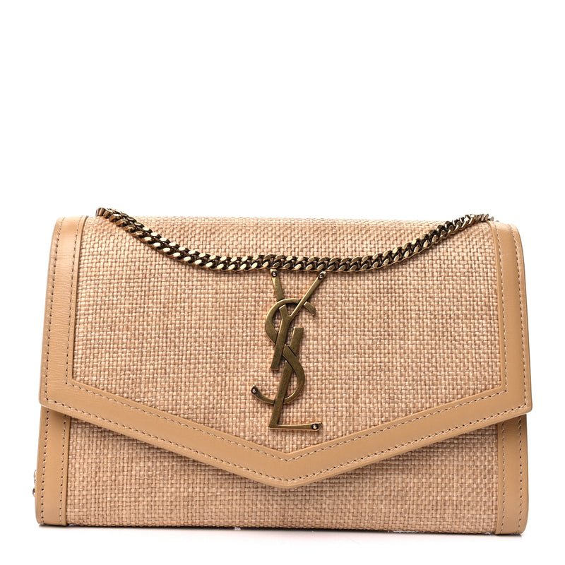  Saint Laurent Micro Raffia Monogram Uptown Chain Wallet Natural Hay Blush