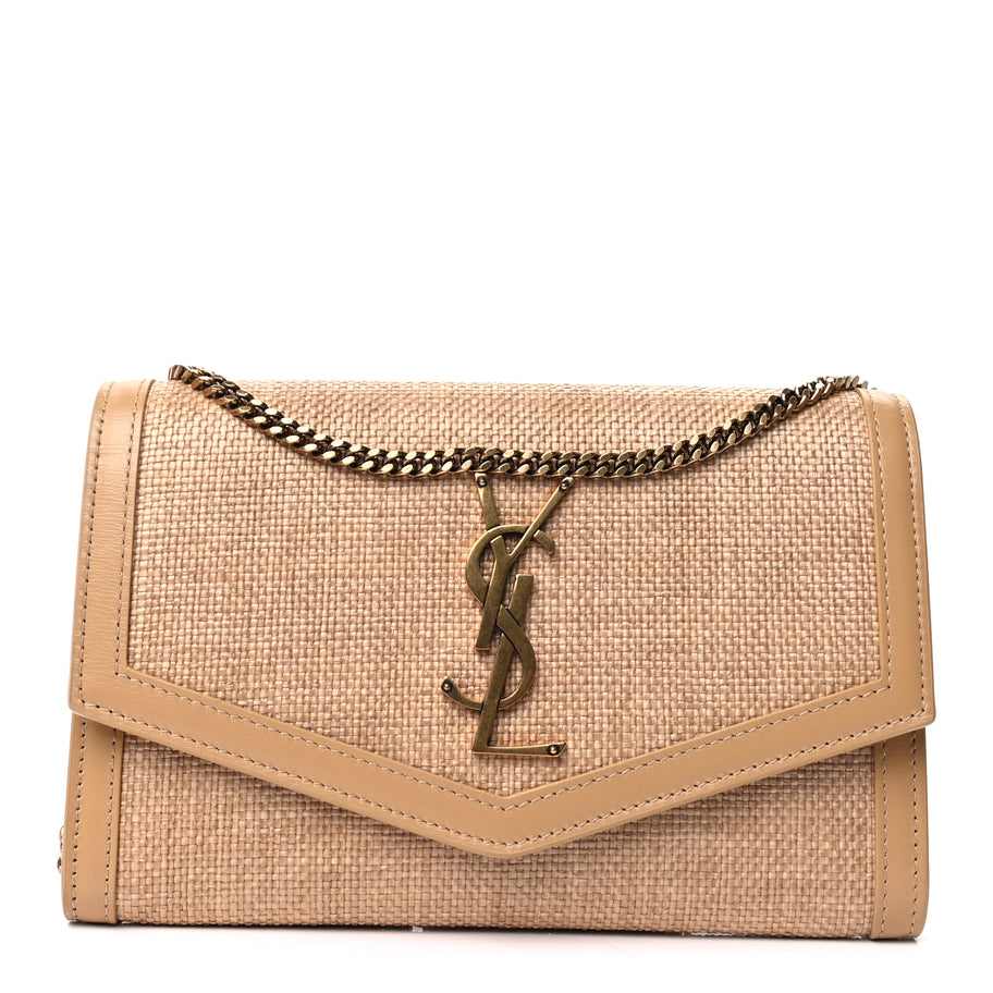 Saint Laurent Micro Raffia Monogram Uptown Chain Wallet Natural Hay Blush Image 1