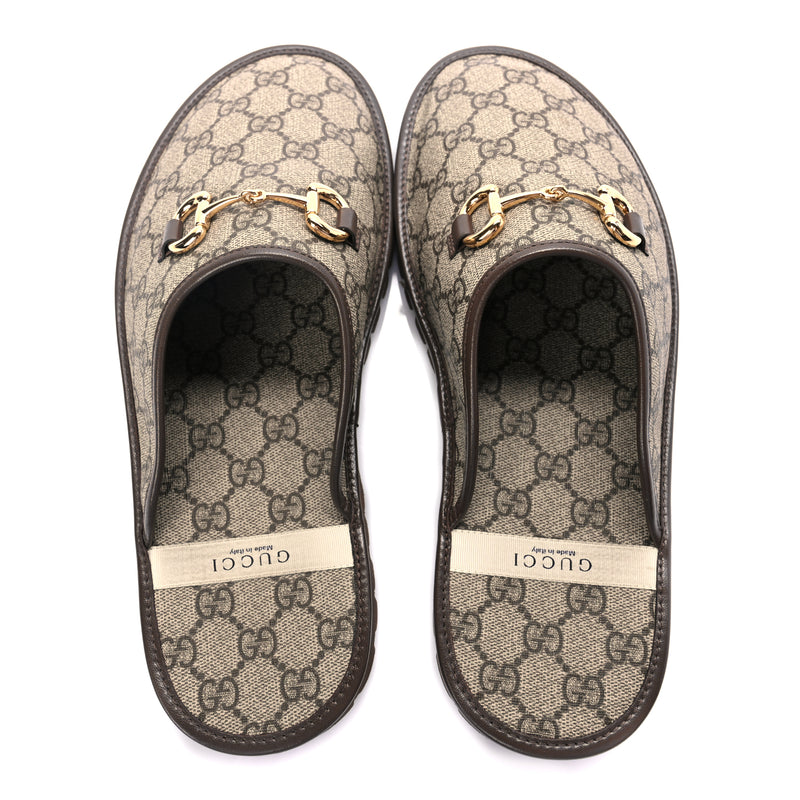  Gucci GG Supreme Monogram Granada Kid Mens Horsebit Lug Sole Mules 9.5 Beige Ebony New Acero