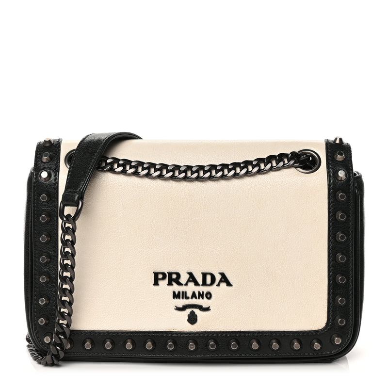  Prada Glace Calfskin Studded Crossbody Black White