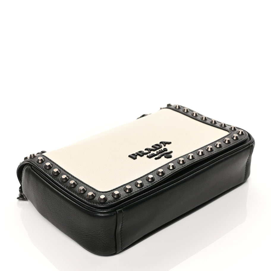 Prada Glace Calfskin Studded Crossbody Black White Image 3