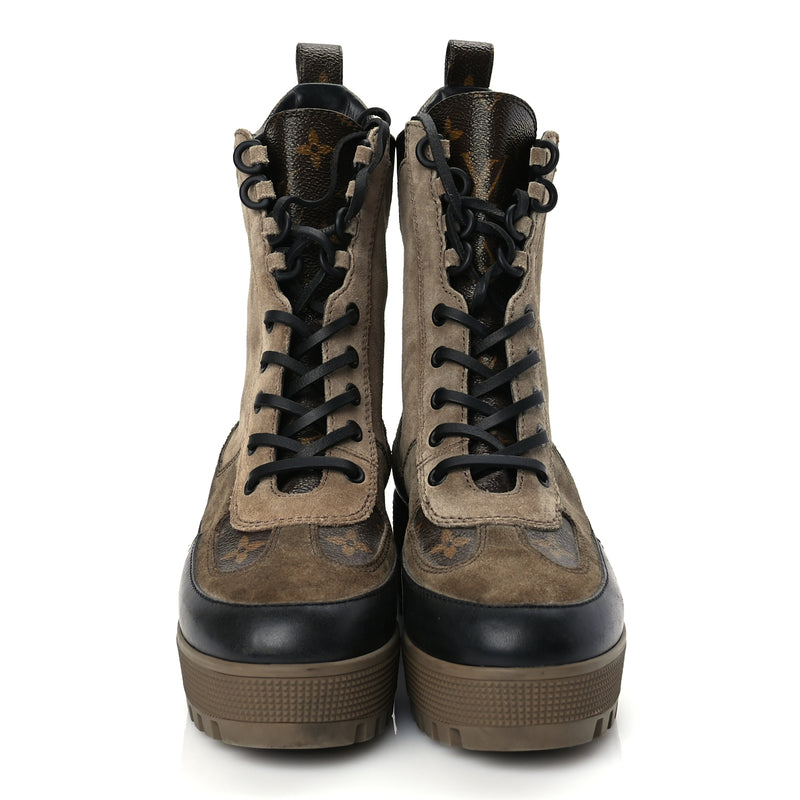  Louis Vuitton Suede Calfskin Monogram Laureate Platform Desert Boots 36.5 Taupe