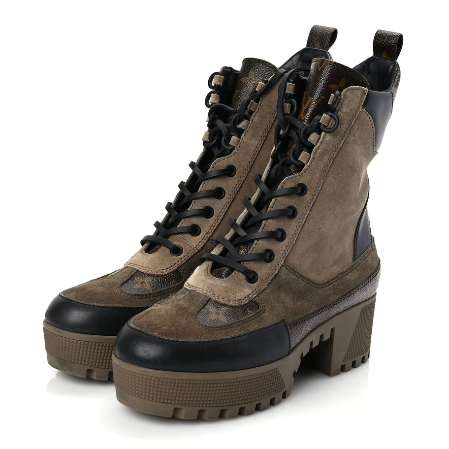 Louis Vuitton Suede Calfskin Monogram Laureate Platform Desert Boots 36.5 Taupe Image 3