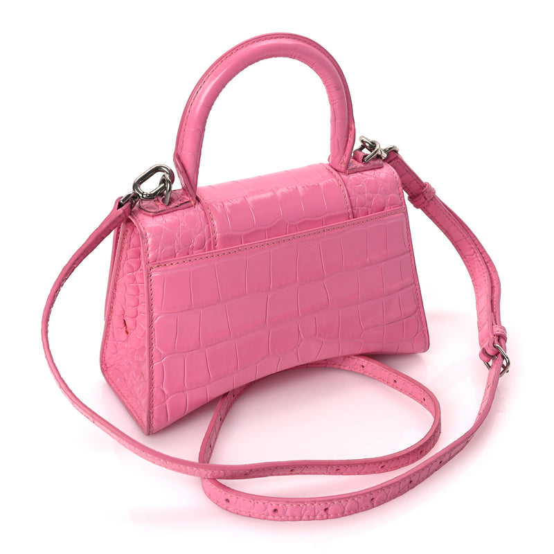 Balenciaga Shiny Calfskin Crocodile Embossed Hourglass Top Handle Bag XS Baby Pink