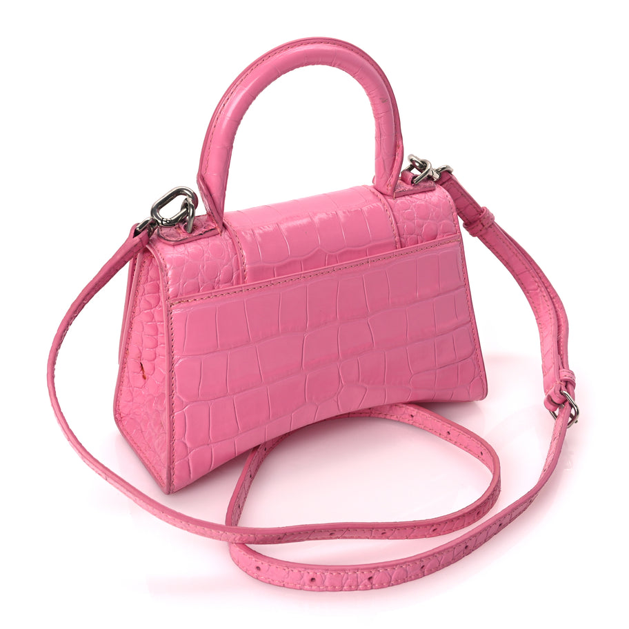Balenciaga Shiny Calfskin Crocodile Embossed Hourglass Top Handle Bag XS Baby Pink Image 2