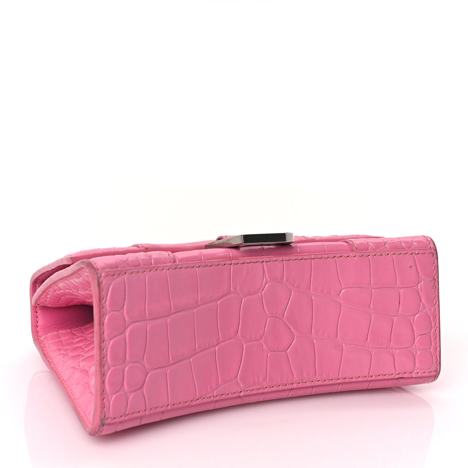 Balenciaga Shiny Calfskin Crocodile Embossed Hourglass Top Handle Bag XS Baby Pink Image 3