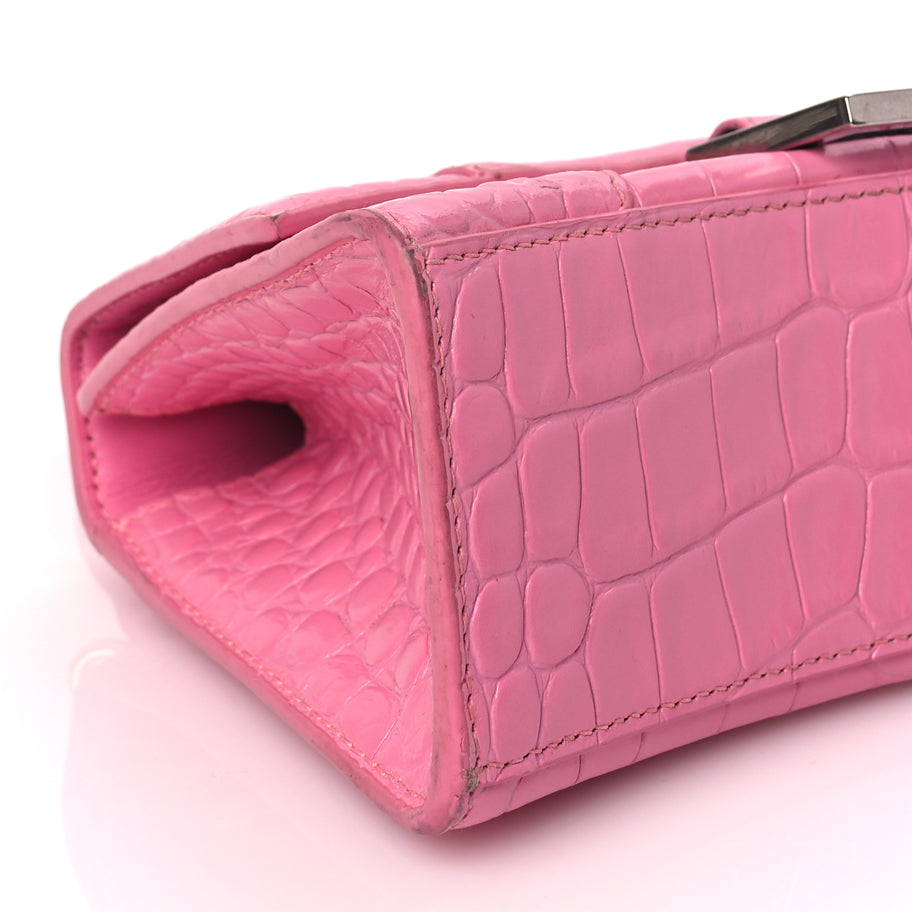 Balenciaga Shiny Calfskin Crocodile Embossed Hourglass Top Handle Bag XS Baby Pink Image 7