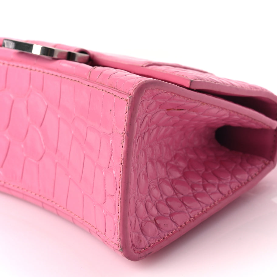Balenciaga Shiny Calfskin Crocodile Embossed Hourglass Top Handle Bag XS Baby Pink Image 8