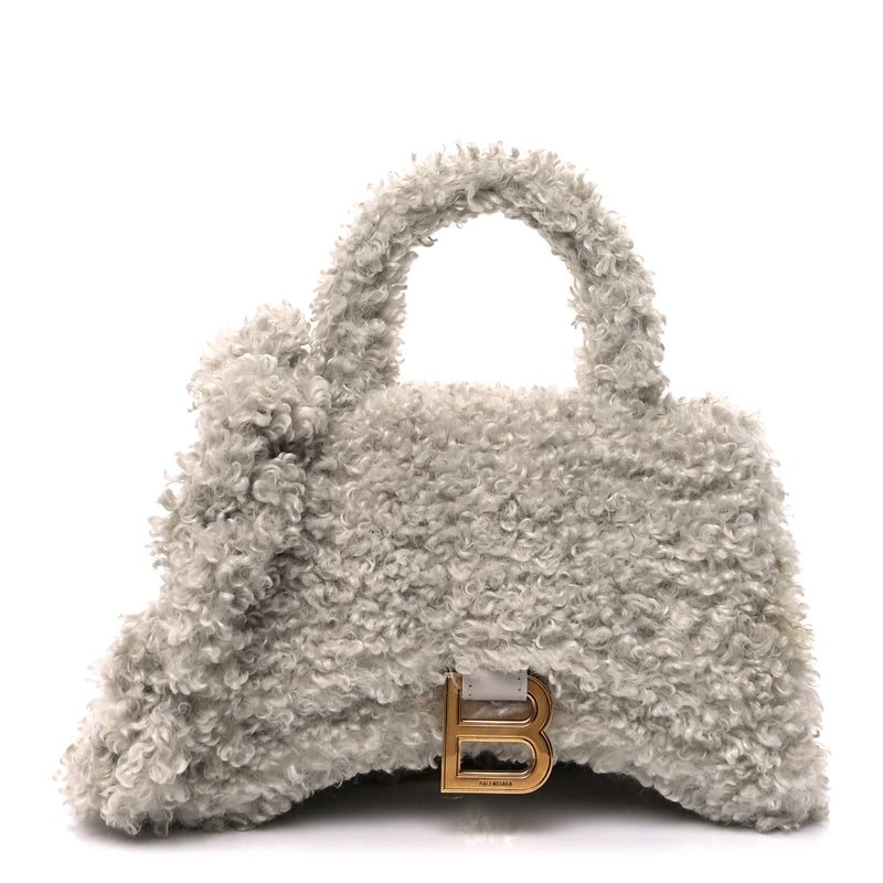  Balenciaga Faux Fur Fluffy Hourglass XS Top Handle Bag Natural