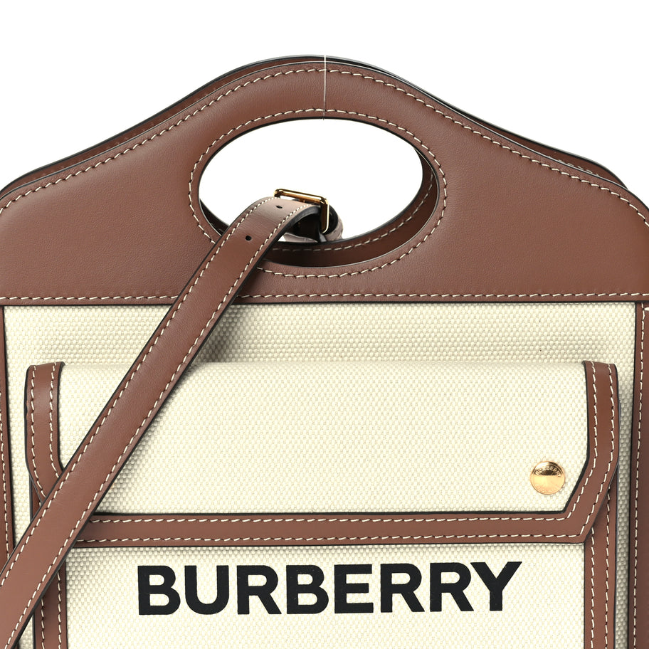 Burberry Canvas Smooth Calfskin Two Tone Mini Pocket Bag Natural Malt Brown Image 6