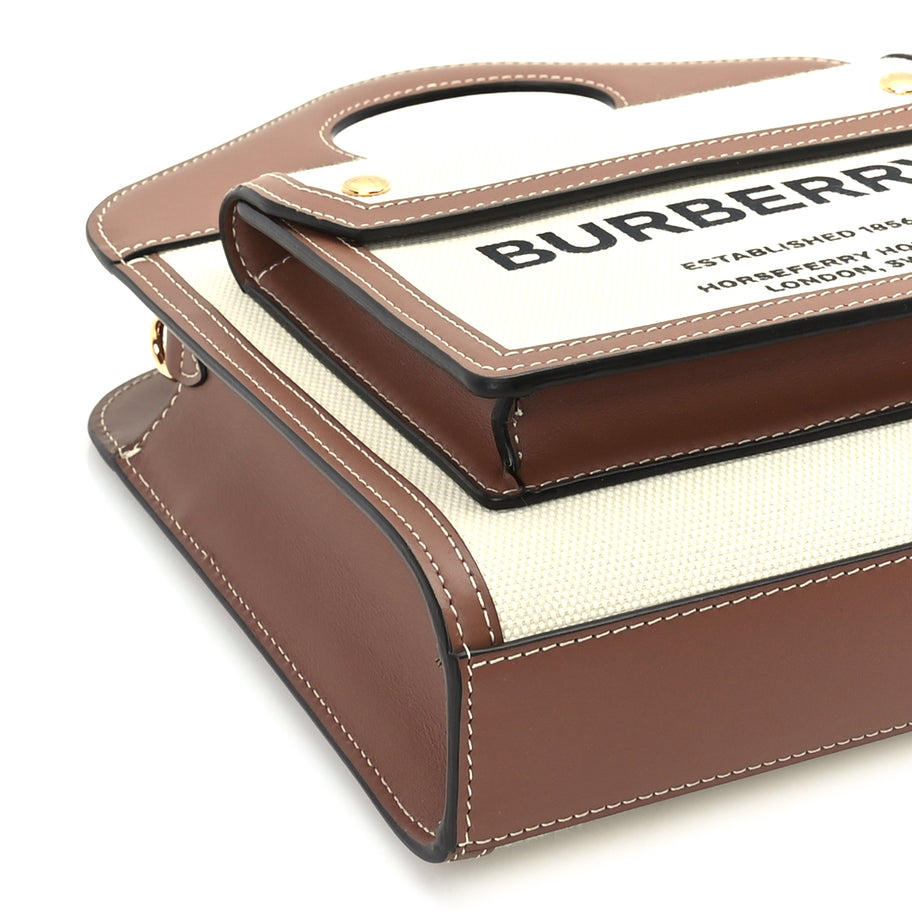 Burberry Canvas Smooth Calfskin Two Tone Mini Pocket Bag Natural Malt Brown Image 7