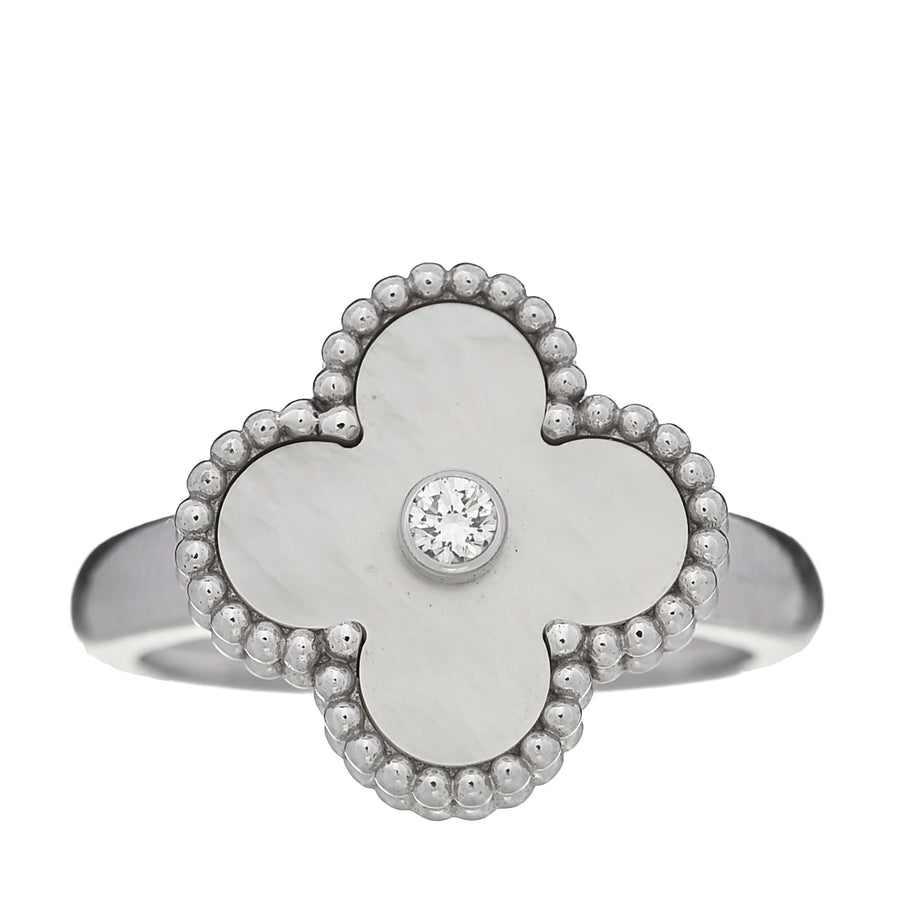 Van Cleef & Arpels 18K White Gold Diamond Mother of Pearl Vintage Alhambra Ring 54 6.75 Image 1