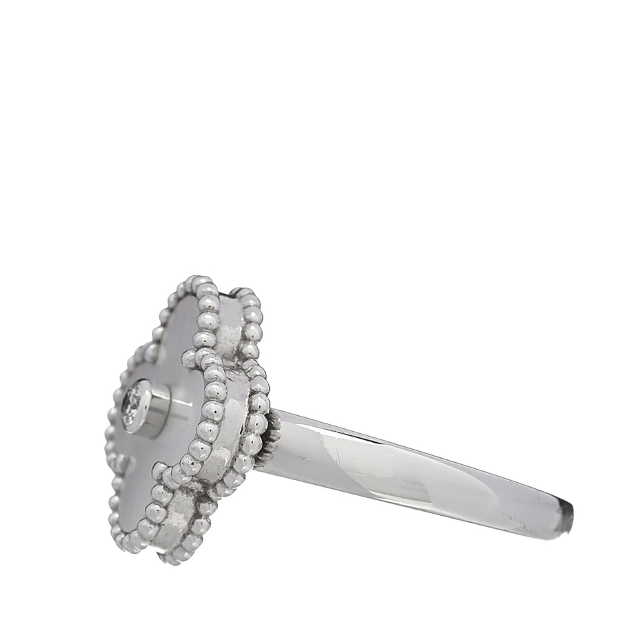 Van Cleef & Arpels 18K White Gold Diamond Mother of Pearl Vintage Alhambra Ring 54 6.75 Image 2