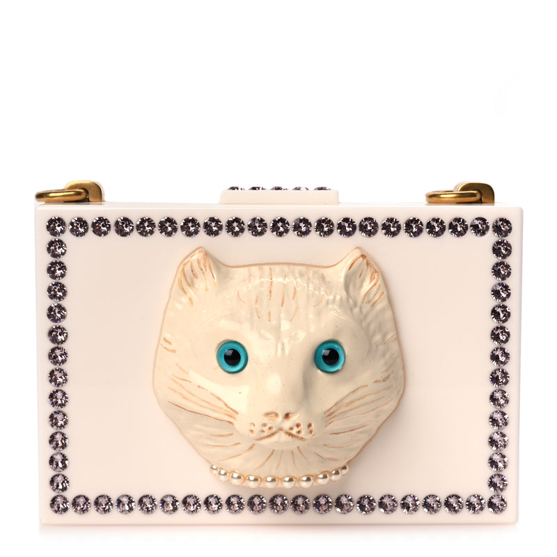  Gucci Plexiglass Crystal Cat Face Box Clutch White
