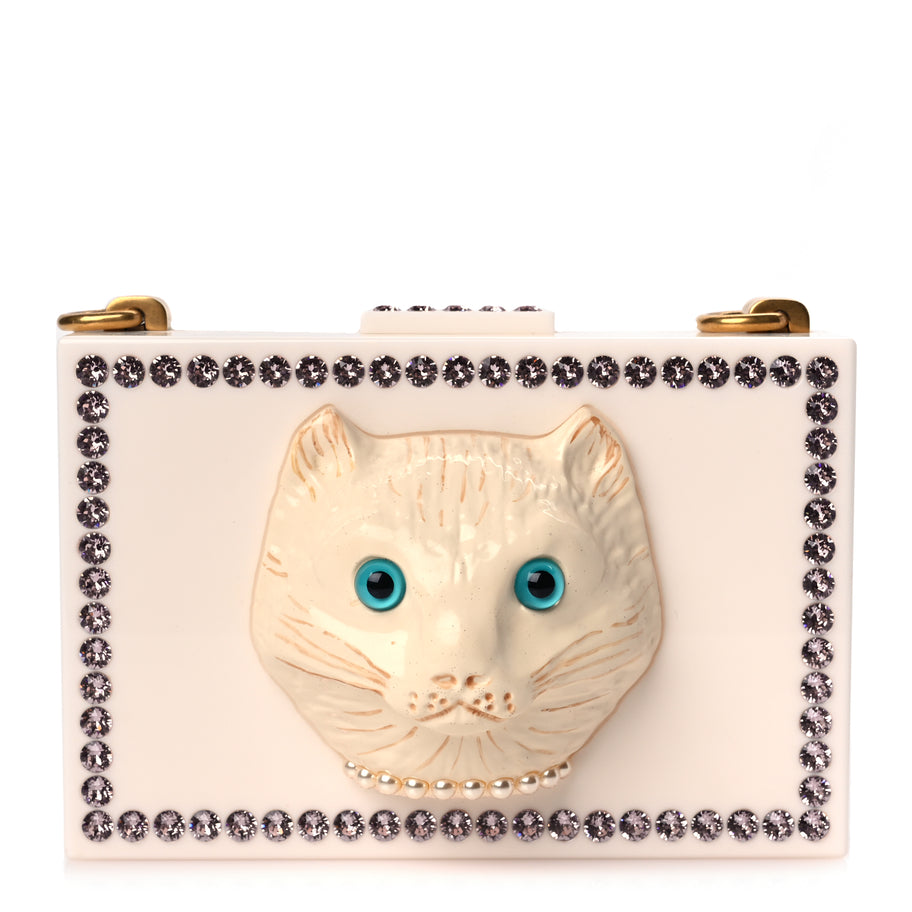 Gucci Plexiglass Crystal Cat Face Box Clutch White Image 1