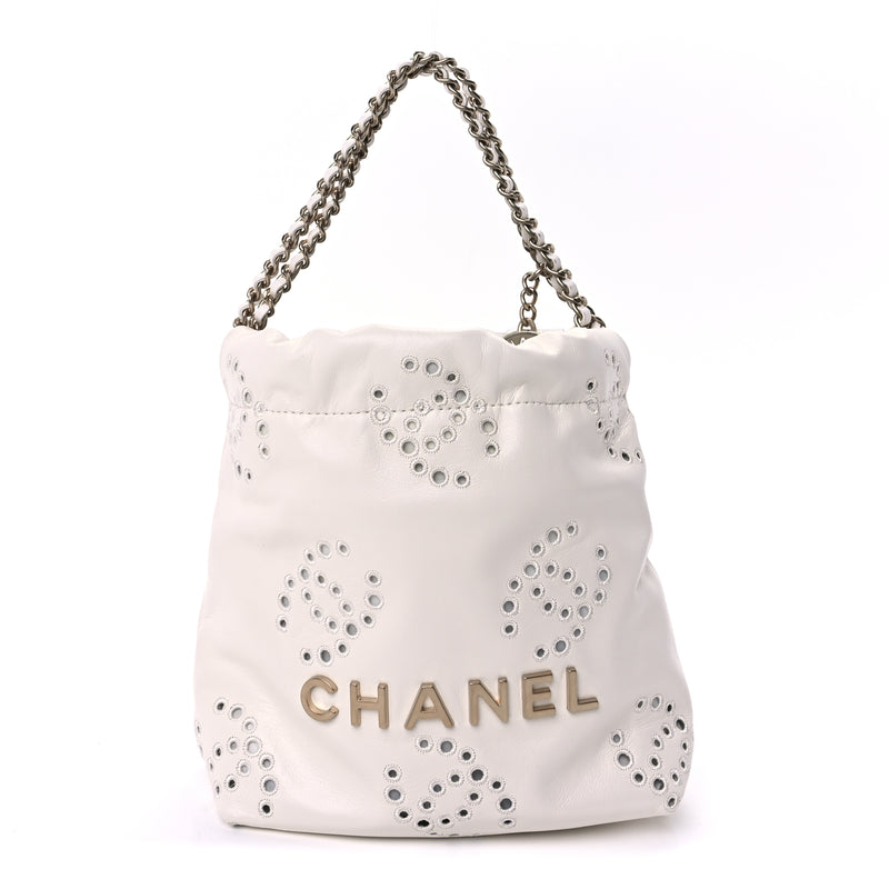  Chanel Shiny Calfskin Eyelet Mini Chanel 22  White