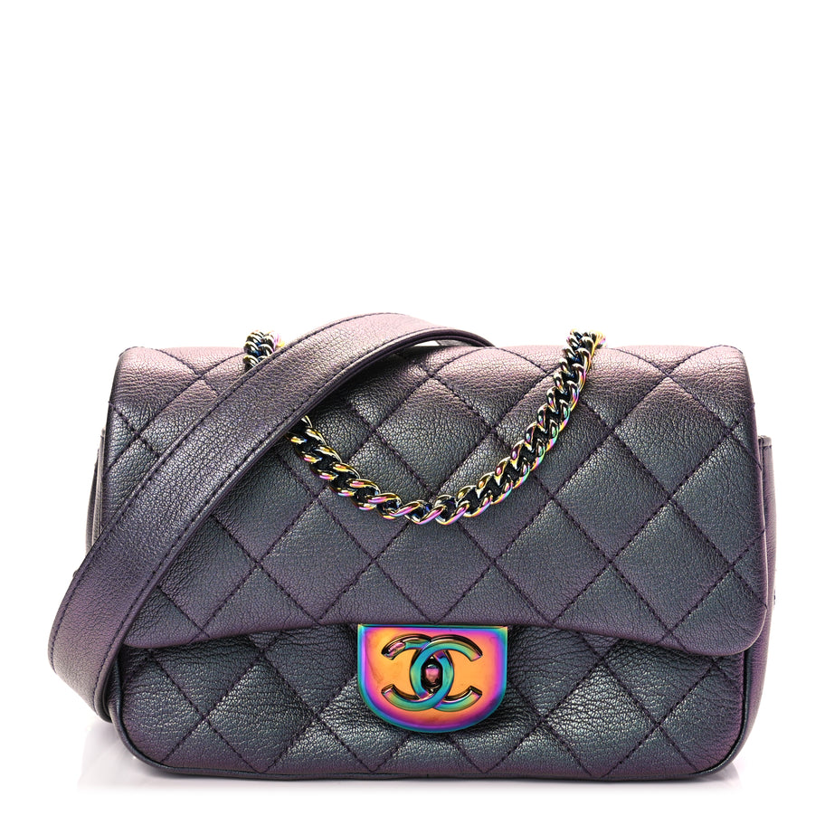 Chanel Iridescent Goatskin Quilted Small Double Carry Waist Chain Flap Purple Image 1