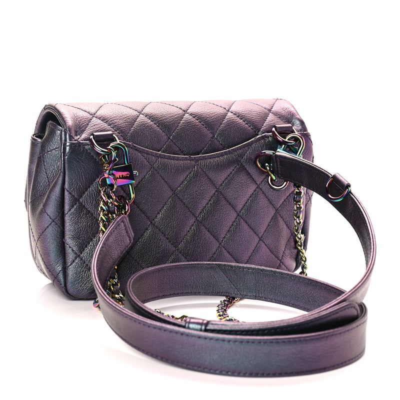  Chanel Iridescent Goatskin Quilted Small Double Carry Waist Chain Flap Purple