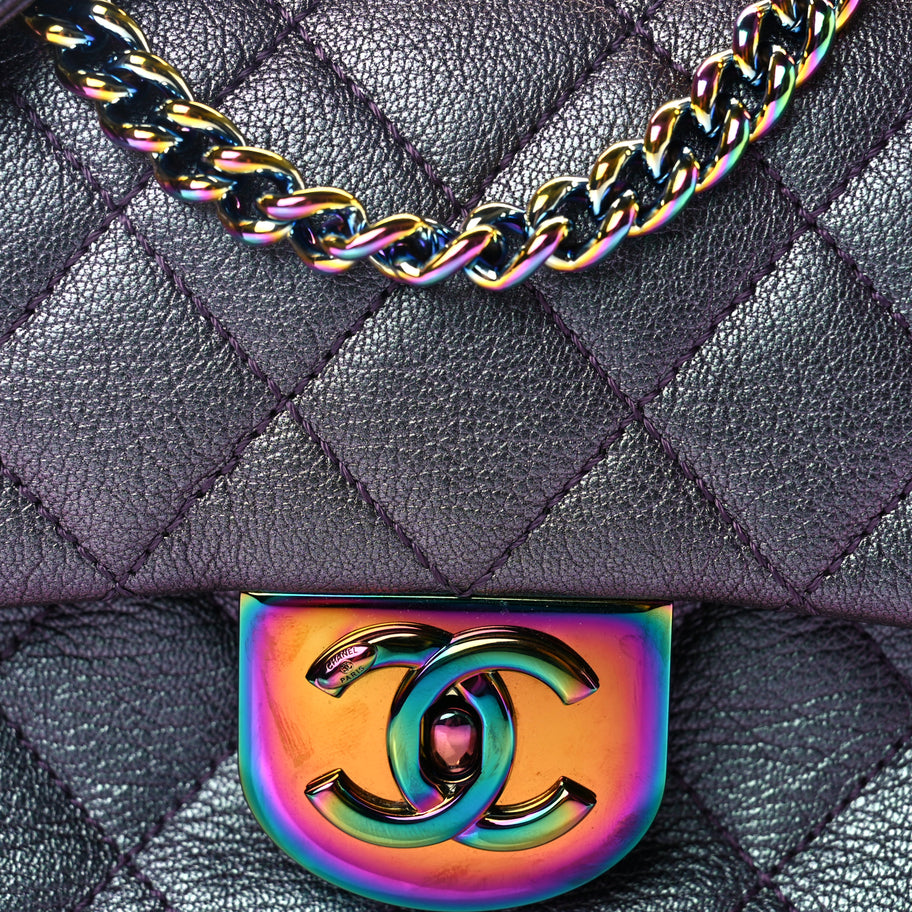 Chanel Iridescent Goatskin Quilted Small Double Carry Waist Chain Flap Purple Image 7