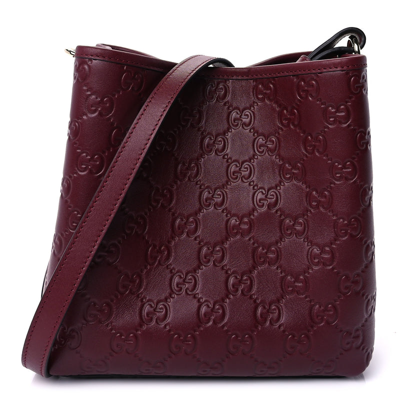  Gucci GG Calfskin Embossed Emblem Small Bucket Bag Rosso Ancora Red