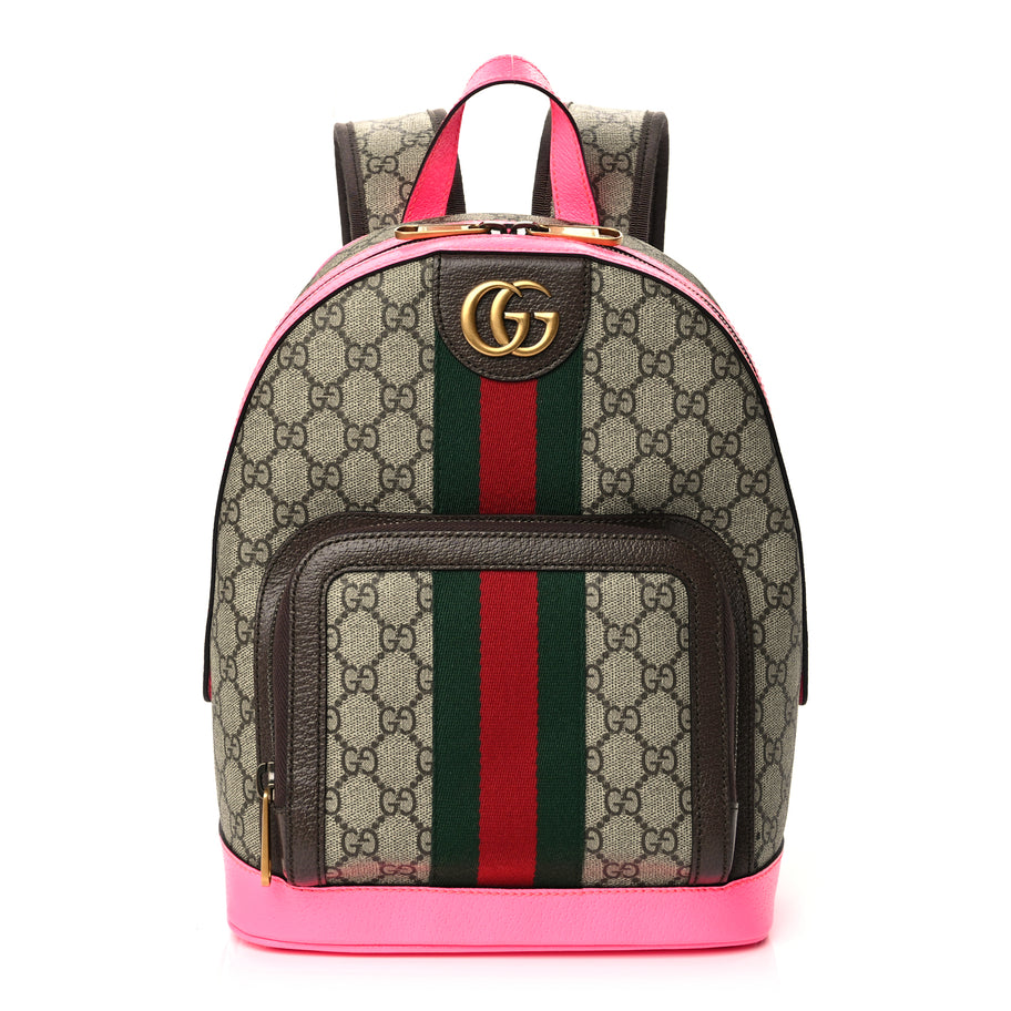 Gucci GG Supreme Monogram Textured Dollar Calfskin Web Small Ophidia Day Backpack Beige Ebony Fluorescent Fuchsia Image 1