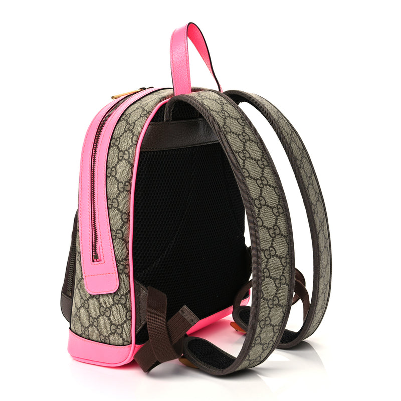  Gucci GG Supreme Monogram Textured Dollar Calfskin Web Small Ophidia Day Backpack Beige Ebony Fluorescent Fuchsia