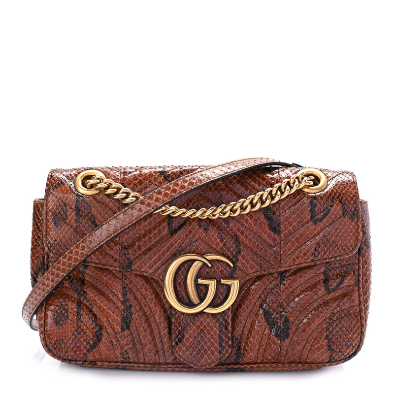  Gucci Snakeskin Matelasse Small GG Marmont Shoulder Bag Brown