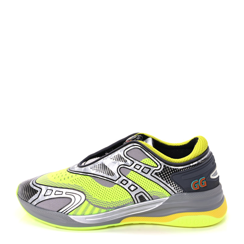  Gucci Fabric Mens Ultrapace R Mid Top Sneakers 7.5 Grey Neon Yellow Silver Loess