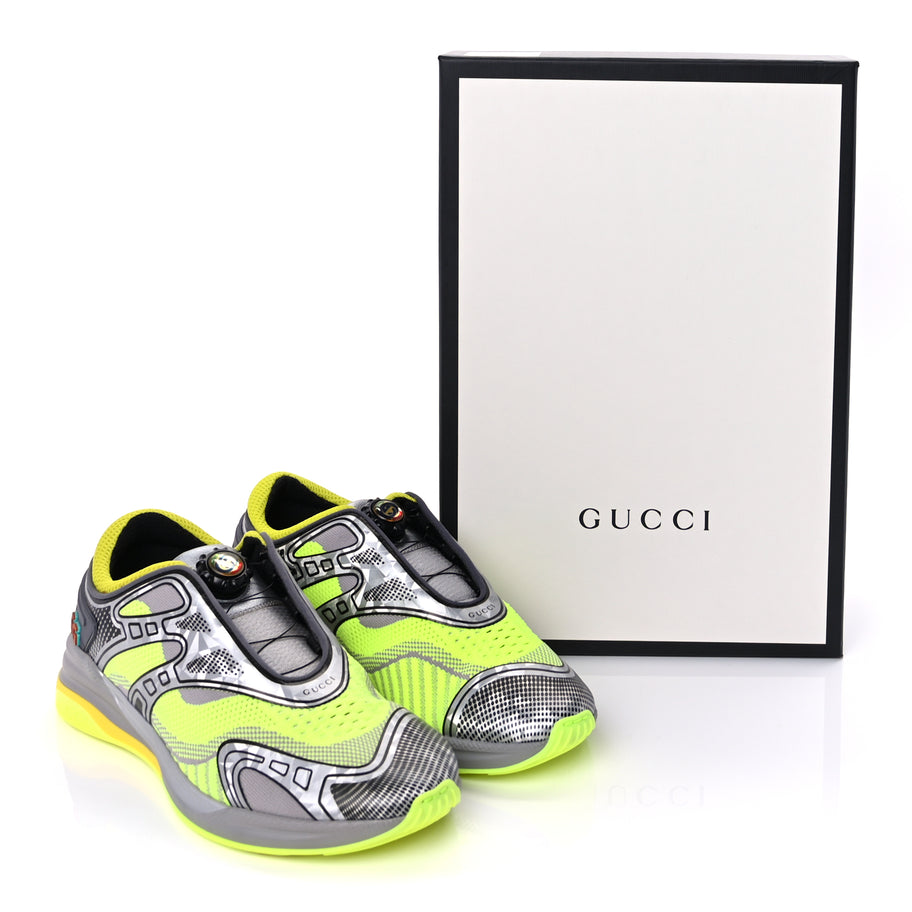 Gucci Fabric Mens Ultrapace R Mid Top Sneakers 7.5 Grey Neon Yellow Silver Loess Image 2
