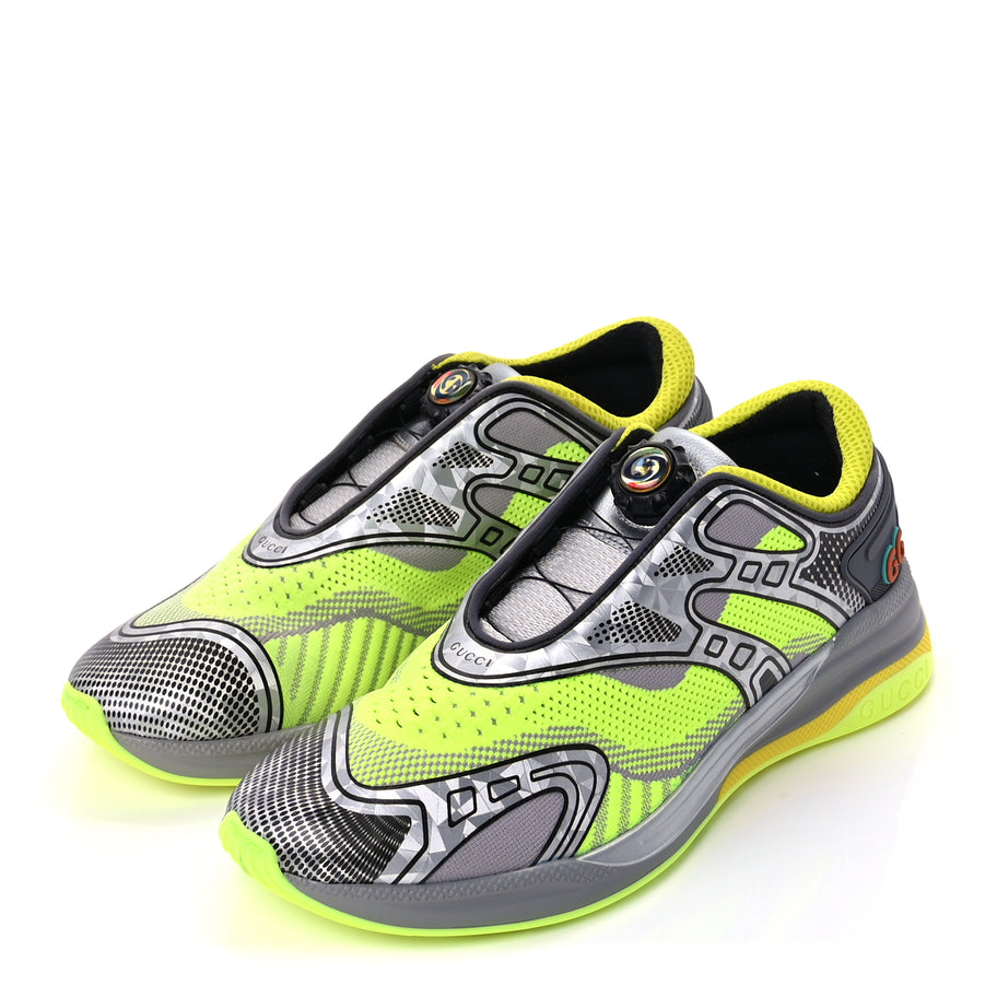 Gucci Fabric Mens Ultrapace R Mid Top Sneakers 7.5 Grey Neon Yellow Silver Loess Image 4