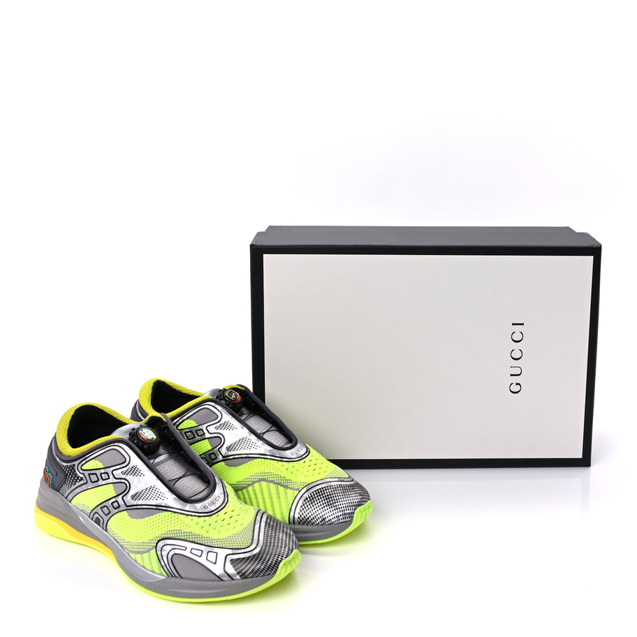 Gucci Fabric Mens Ultrapace R Mid Top Sneakers 7.5 Grey Neon Yellow Silver Loess Image 10