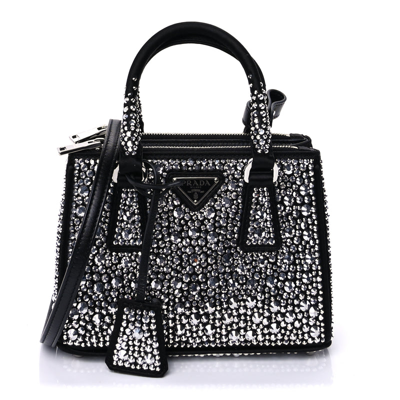  Prada Satin Crystal Mini Galleria Double Zip Tote Metal Black