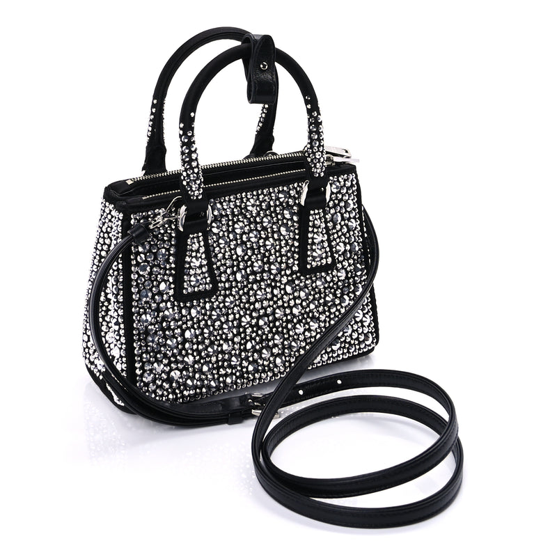  Prada Satin Crystal Mini Galleria Double Zip Tote Metal Black