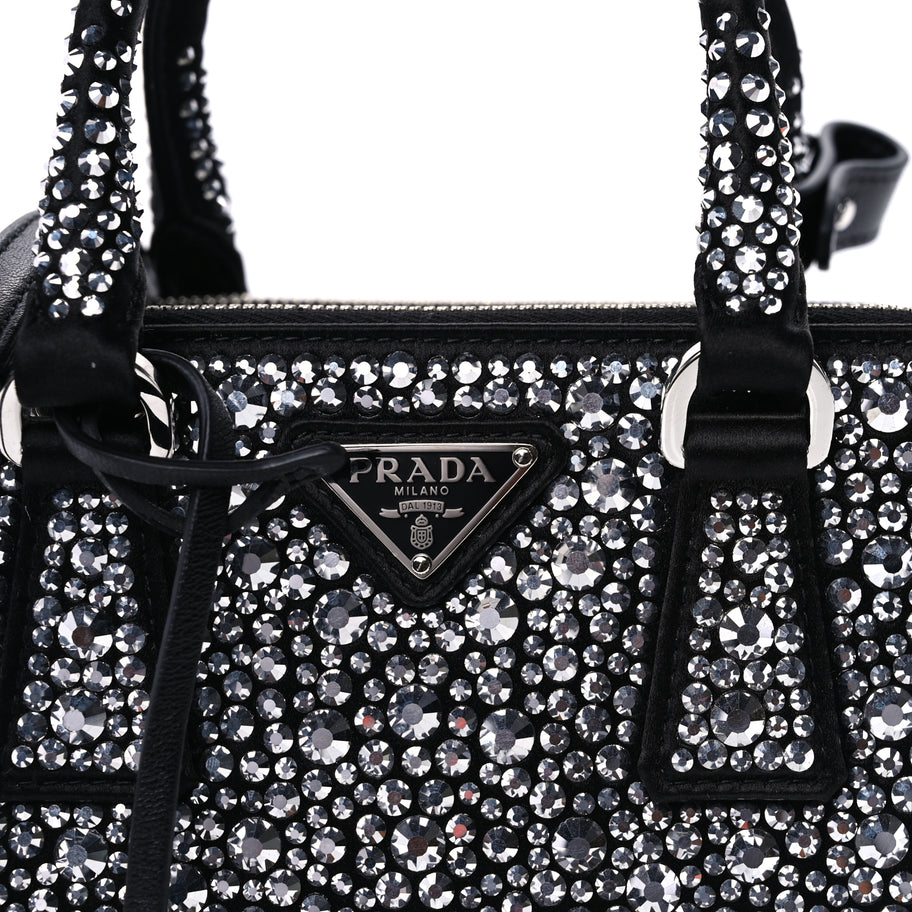 Prada Satin Crystal Mini Galleria Double Zip Tote Metal Black Image 6