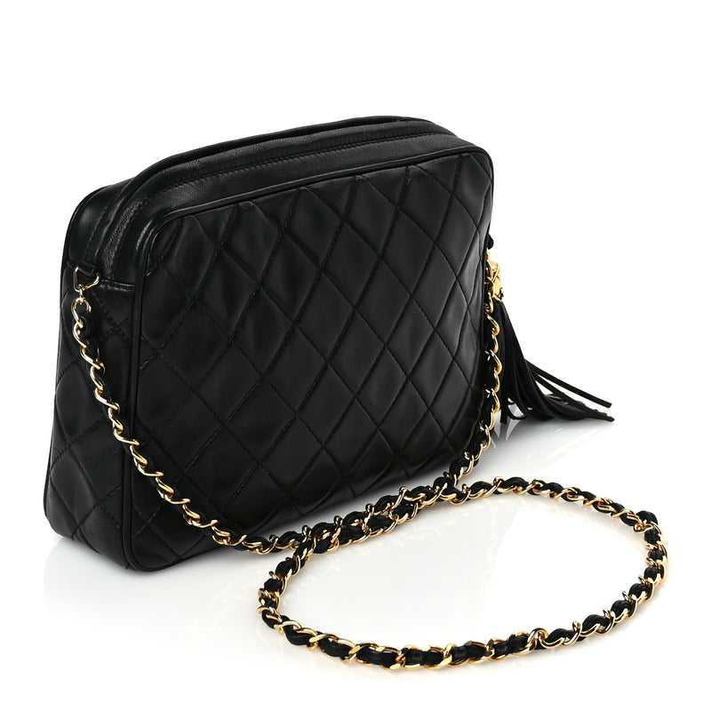  Chanel Lambskin Quilted CC Tassel Flap Camera Case Black