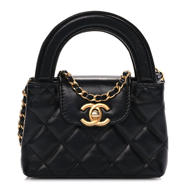  Chanel Shiny Aged Calfskin Quilted Mini Nano Kelly Shopper Black