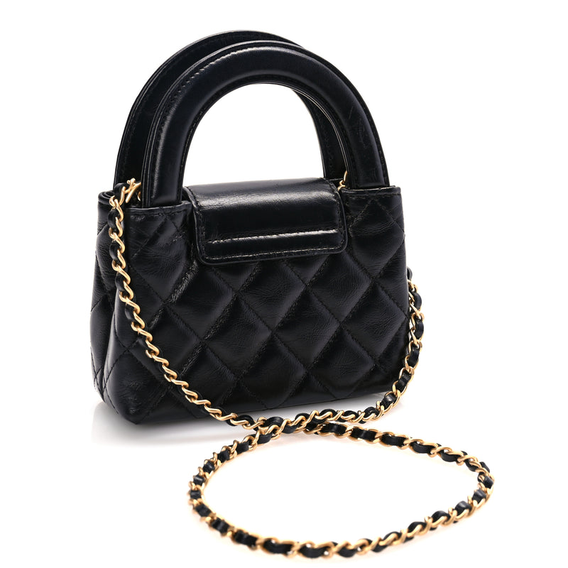  Chanel Shiny Aged Calfskin Quilted Mini Nano Kelly Shopper Black