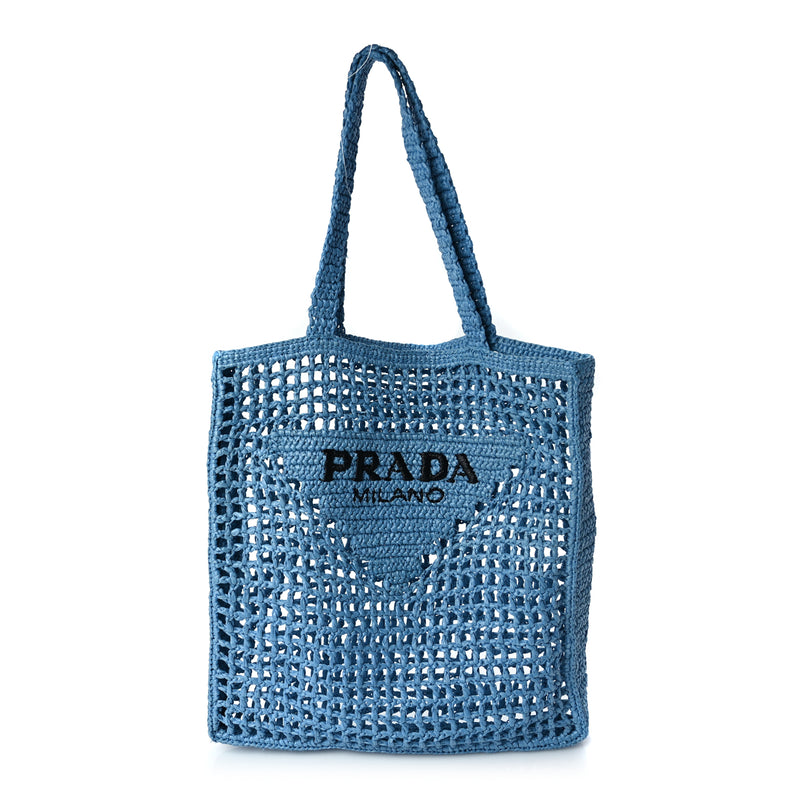  Prada Yarn Raffia Effect Crochet Logo Embroidered Tote Bag Celeste