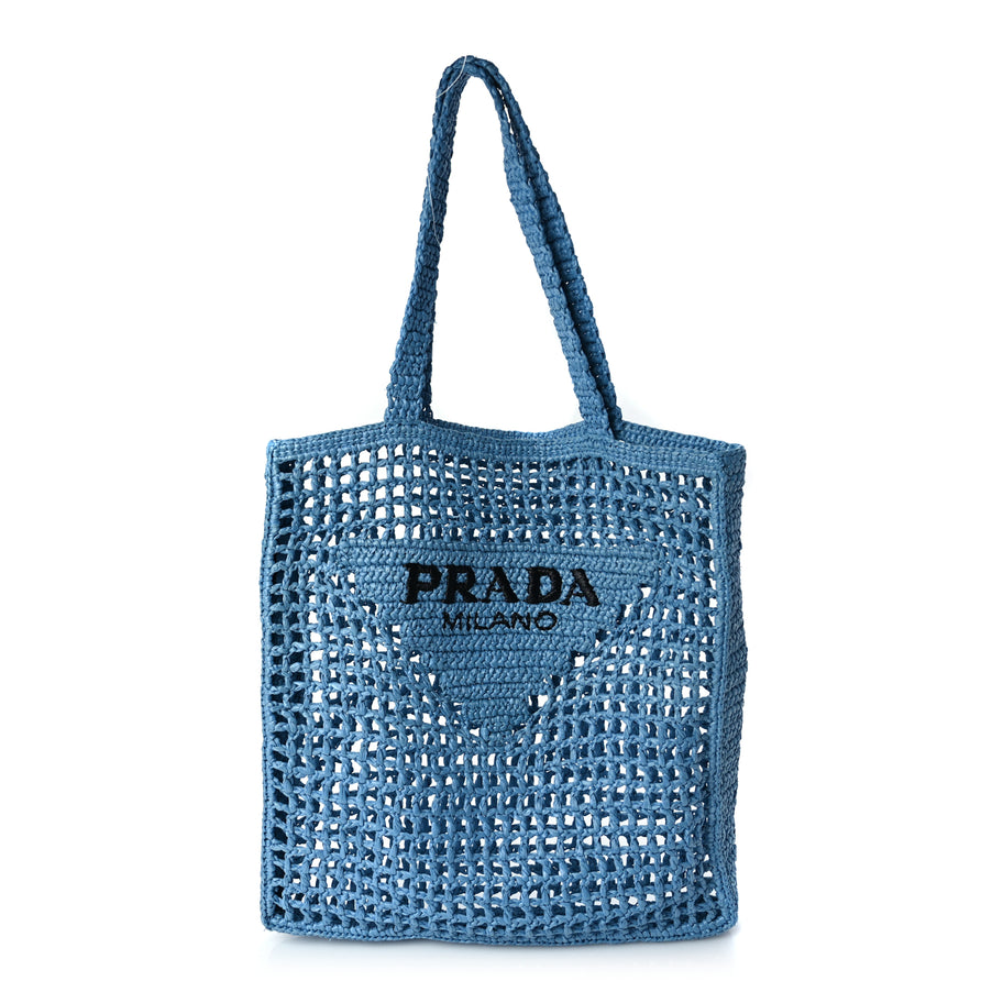 Prada Yarn Raffia Effect Crochet Logo Embroidered Tote Bag Celeste Image 1