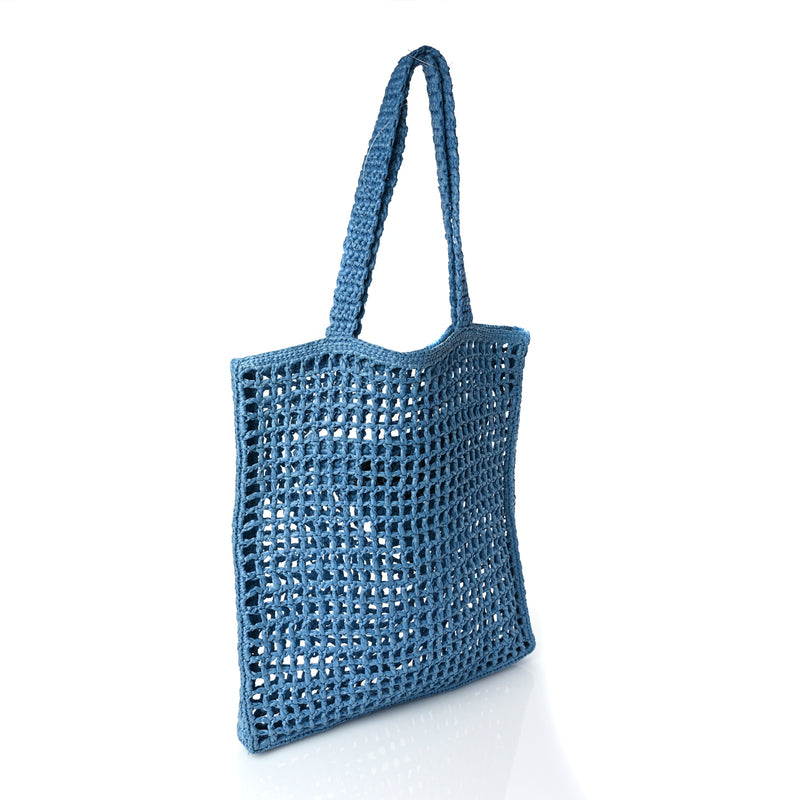  Prada Yarn Raffia Effect Crochet Logo Embroidered Tote Bag Celeste
