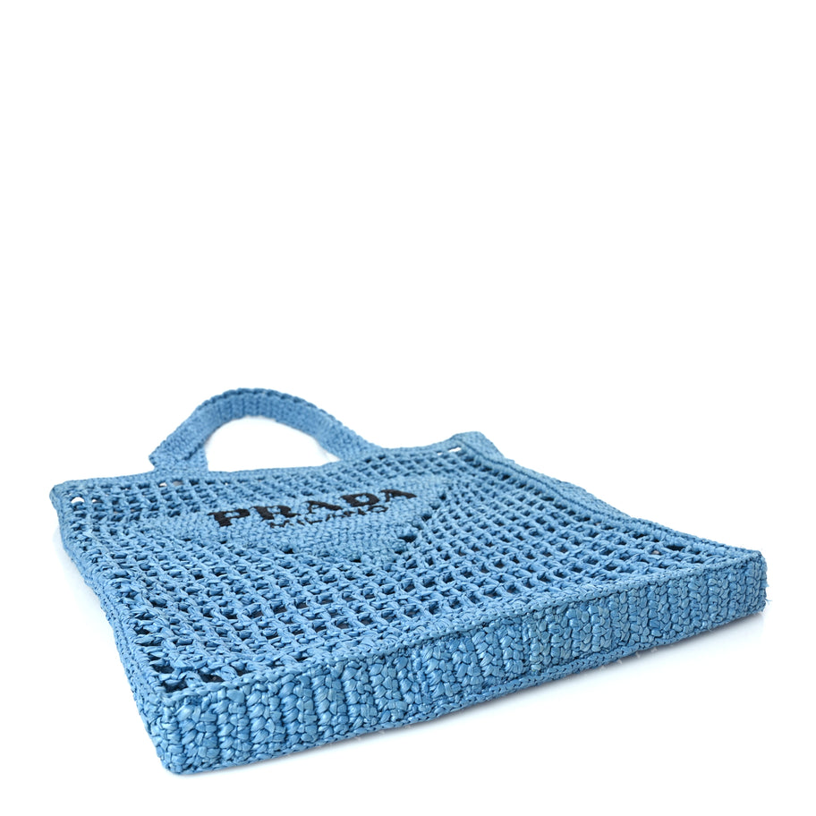 Prada Yarn Raffia Effect Crochet Logo Embroidered Tote Bag Celeste