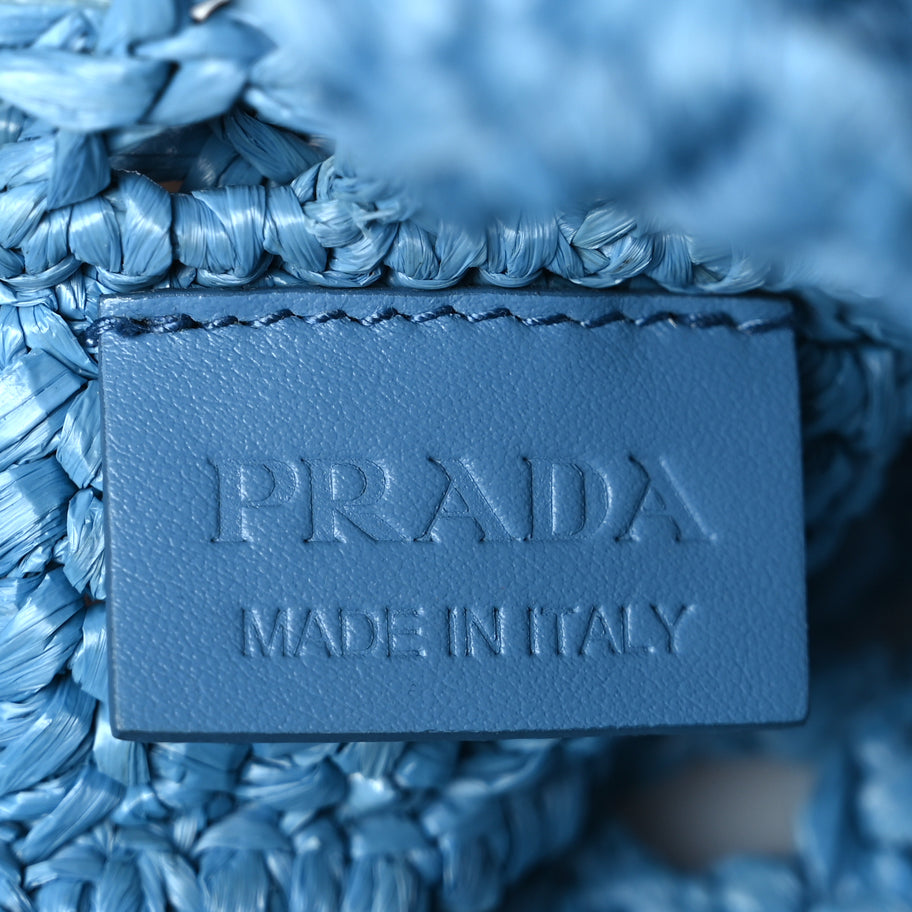 Prada Yarn Raffia Effect Crochet Logo Embroidered Tote Bag Celeste Image 5