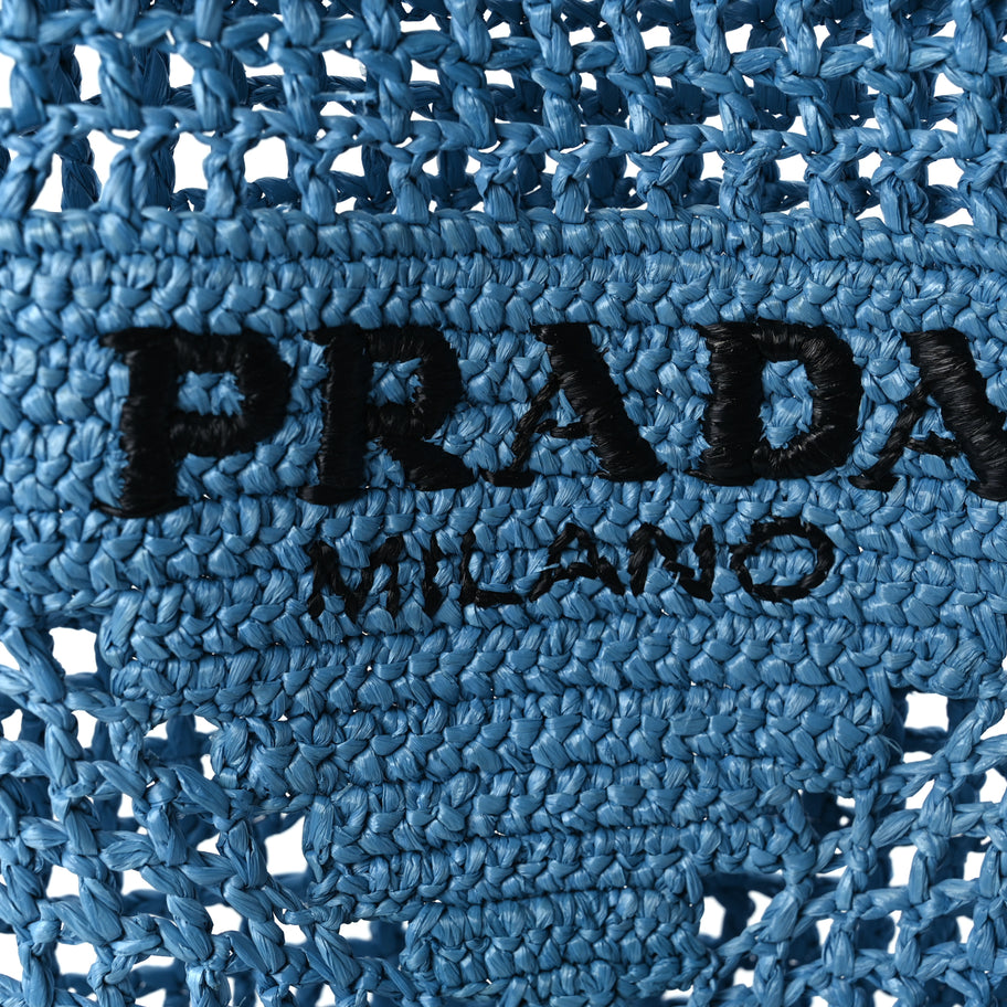 Prada Yarn Raffia Effect Crochet Logo Embroidered Tote Bag Celeste Image 6